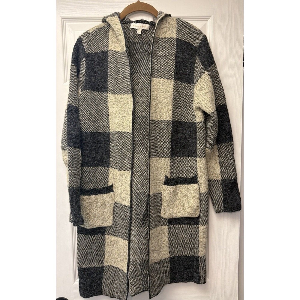 Monteau Los Angeles Hooded Cardigan Sweater Charcoal Gray /Cream Checker size XS